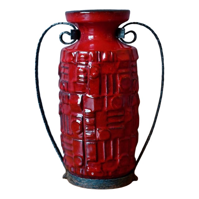 West German Pottery Red Ceramic Floor Vase with Wrought Iron Frame, 1960s For Sale