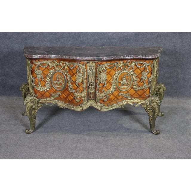 Wood 1920s Monumental Grand Inlaid Bronze Mounted French Louis XV Style Marble Top Commode For Sale - Image 7 of 15