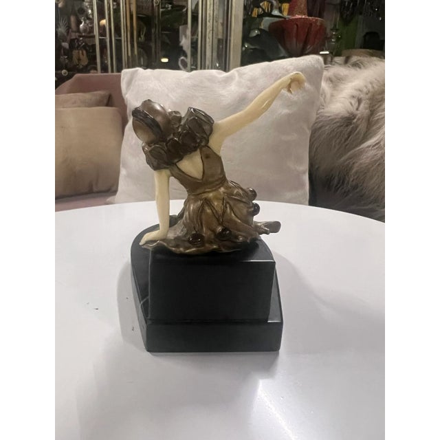 Ivory Antique French Art Deco Bronze Harlequin Posing on Marble Pedestal Ashtray For Sale - Image 8 of 10