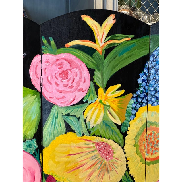 Wood Original Hand-Painted Folding Screen by Stacey Porter – Floral Still Life With Bird – Black Ground Decorative Panel For Sale - Image 7 of 12