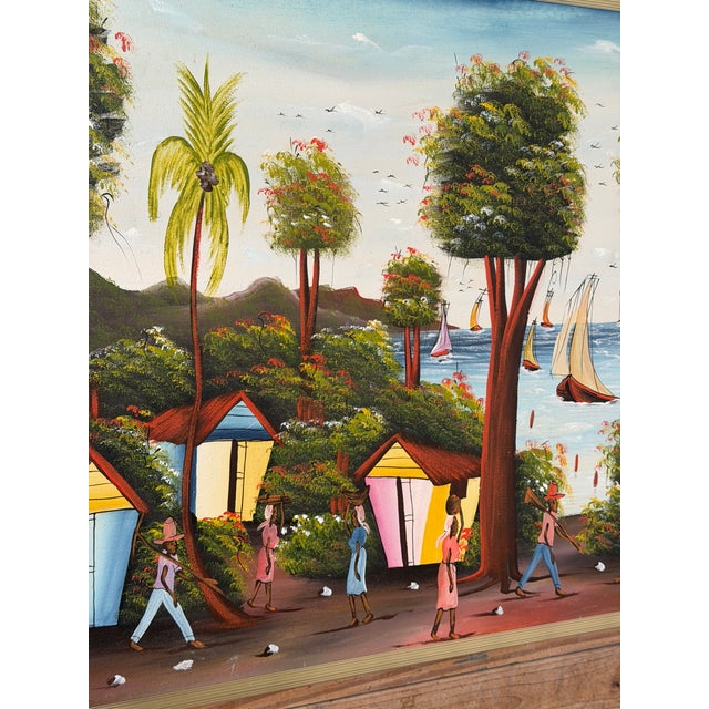 Vintage Large Haitian Naïve Art Coastal Village Landscape Painting by Jacky Salomon For Sale In Naples, FL - Image 6 of 12