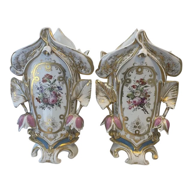 Pair of 19th Century French Porcelain Vases With Floral Painted and Glazed Decoration For Sale