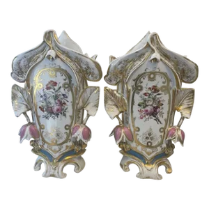 Pair of 19th Century French Porcelain Vases With Floral Painted and Glazed Decoration