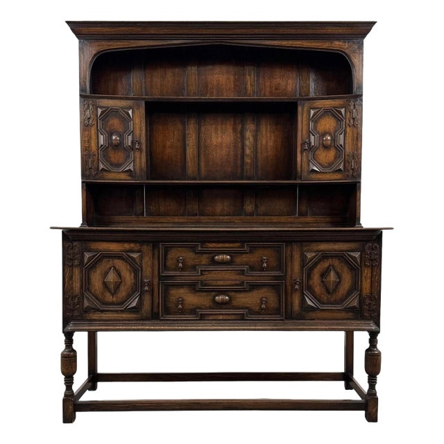 Antique Early 20th Century English Jacobean Revival Oak Dresser For Sale