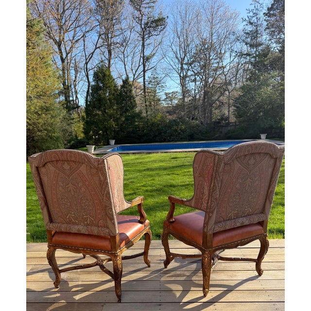 A Pair of Custom Ralph Lauren Wingback Lounge Chairs Upholstered in Leather and Paisley For Sale - Image 18 of 18