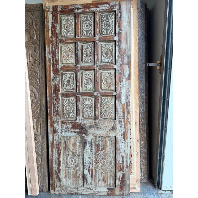 Wood Vintage Blue Carved Barn Door – Rustic Handcrafted Wooden Hinged Door With Distressed Finish For Sale - Image 7 of 9