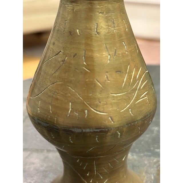 Chinese Vintage Mid Century Chinese Brass Bud Vase Etched Design Flared Rim For Sale - Image 3 of 6