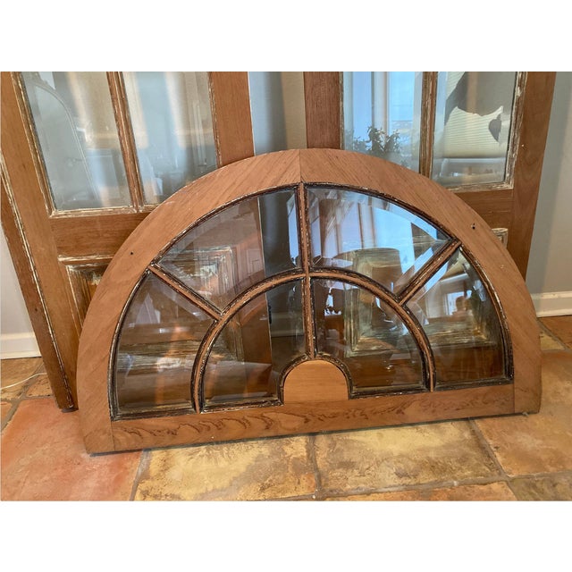 Antique Tall French Doors Beveled Glass With Fan Light Semi Circle Arch Window For Sale - Image 9 of 17