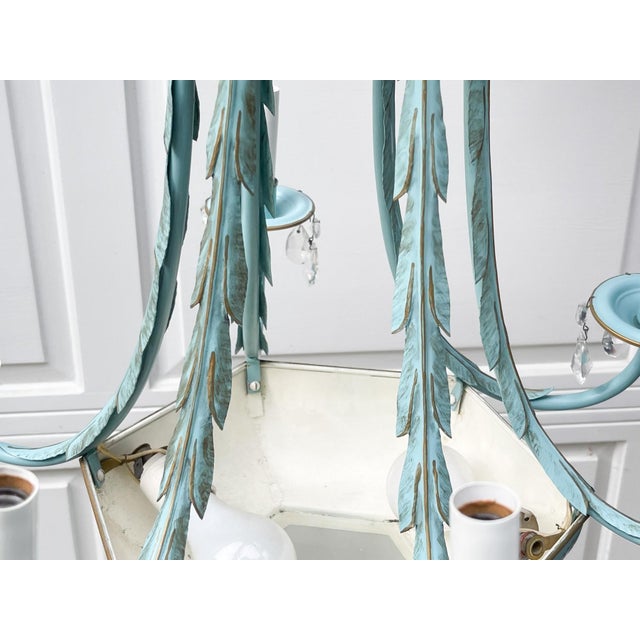 Tiffany Blue Vintage French Tiffany Blue and Gold Gilt Tole Metal Chandelier With Clear Crystals For Sale - Image 8 of 11