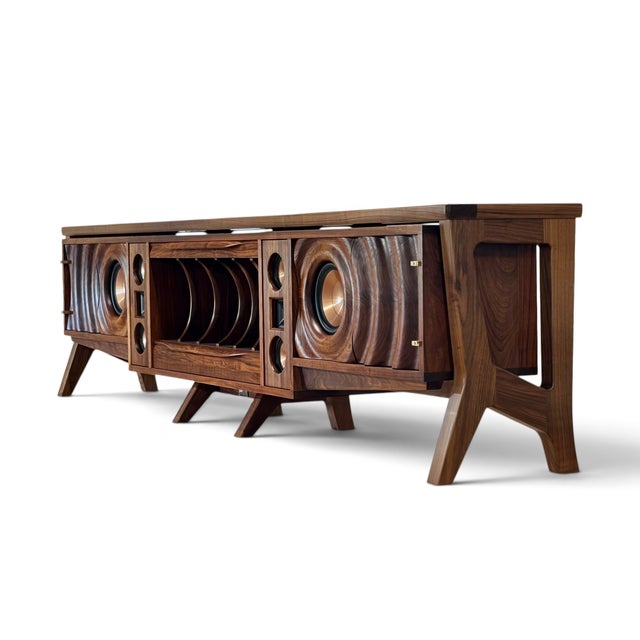 Wave Stereo Console in Walnut With Inset Epoxy Top by Michael Maximo For Sale - Image 4 of 11
