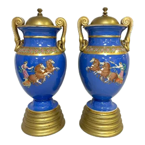 Early 20th Century European Neoclassical Hand Painted Blue Porcelain Urns With Chariot Scenes- a Pair