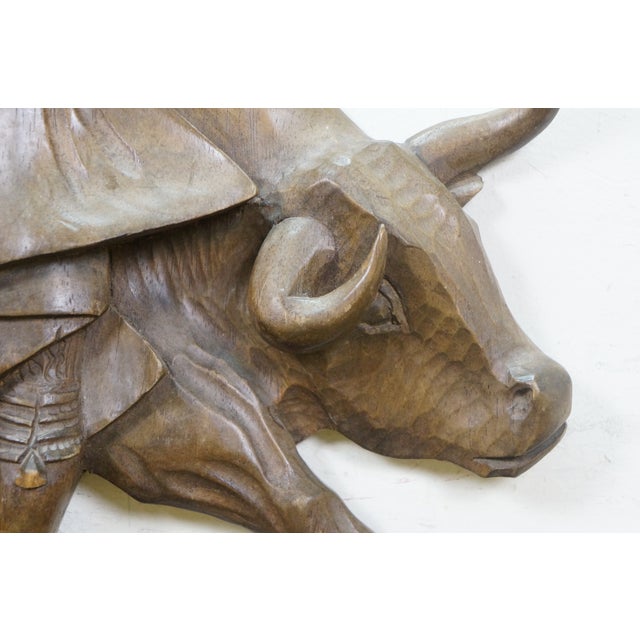 Mid 20th Century Mid 20th Century Mexican Spanish Carved Mahogany Matador Bull Fighter Relief Wall Plaque 20" For Sale - Image 5 of 8