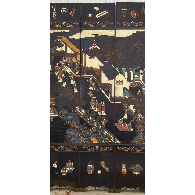 1970s Chinese Export Twelve Panel Coromandel Screen Spring in Han Palace For Sale - Image 5 of 13