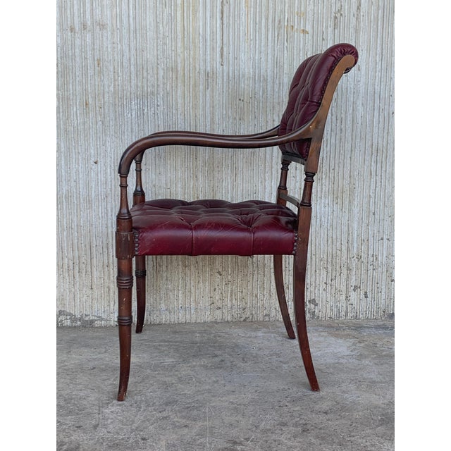 Set of Ten Restored Early 20th Century Chesterfield Hardwood Red Leather Dining Armchairs For Sale In Miami - Image 6 of 18