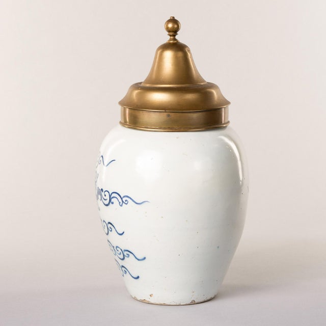 Chinoiserie Dutch Delftware Blue & White Tobacco Jar, "St. Omer," With Brass Lid, Early 19th Century For Sale - Image 3 of 9