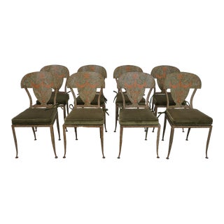Set of 8 Neoclassical Paint Decorated Metal Dining Chairs For Sale