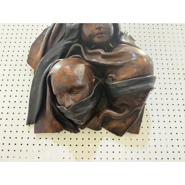 Farmhouse Vintage Carved Leather Hear Speak See No Evil Wall Art by Mascaras Atilano 1997 For Sale - Image 3 of 5