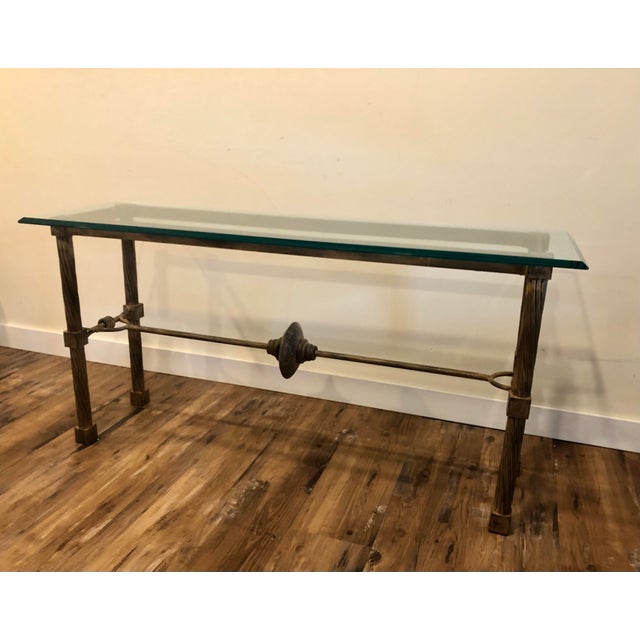 Vintage Patina Bronze Metal Console Side Table With Thick Beveled Glass Top For Sale - Image 11 of 12