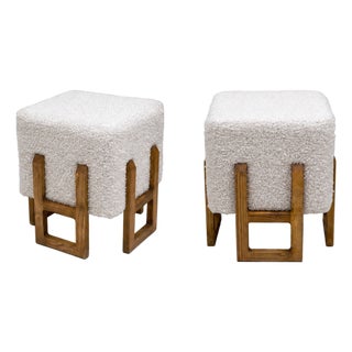 Modernist Italian Ash Wood Stools in White Bouclé, 2000, Set of 2 For Sale