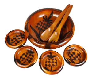 Vintage Hand Carved Large Serving Salad Bowl With Small Bowls and Serving Utensils -7 Pieces