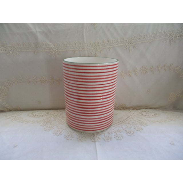 This is a Superb! Vintage Portugal Viva by Vietri Ceramic Red Striped Wastebasket with a Green Striped Accent on Top. This...