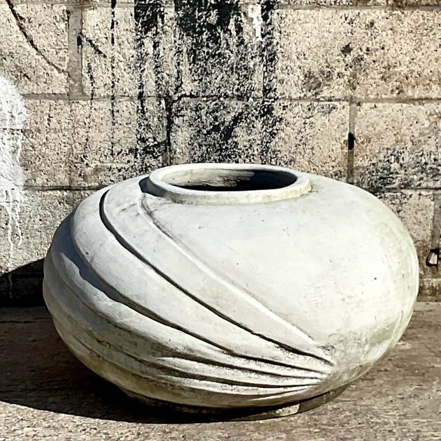 Vintage White Deco Style Cement Planter With Ridges For Sale - Image 4 of 8