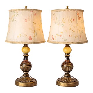 Vintage Urn-Form Table Lamps With Original Hand-Painted Floral Silk Shades - a Pair For Sale