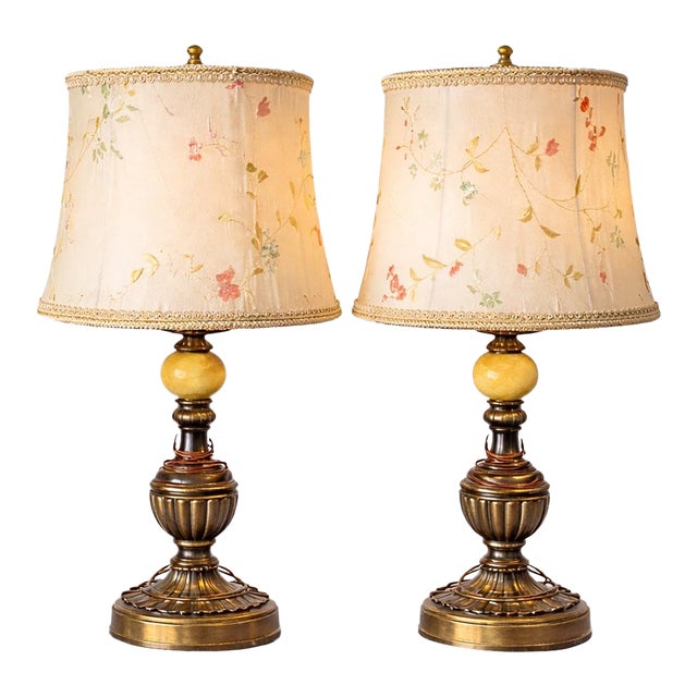 Vintage Urn-Form Table Lamps With Original Hand-Painted Floral Silk Shades - a Pair For Sale