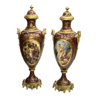 Burgundy Porcelain Vases With Gold Leaf Details – French Style Ornate Decorative Vases For Sale