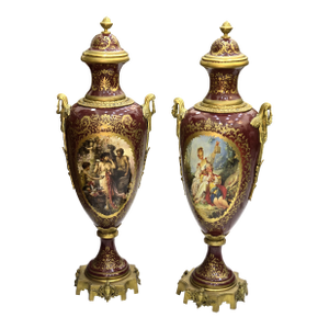 Burgundy Porcelain Vases With Gold Leaf Details – French Style Ornate Decorative Vases