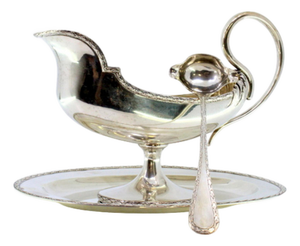 Ship-Shaped Silver Sauce Boat with Ladle and Edge Frill