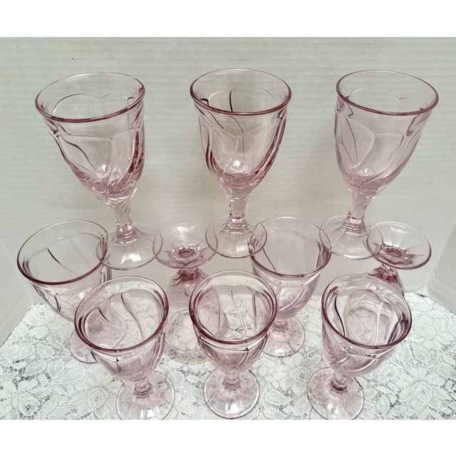 Shabby Chic Vintage Pink Wavy Glass Stemware Goblets, Set of Ten For Sale - Image 3 of 10
