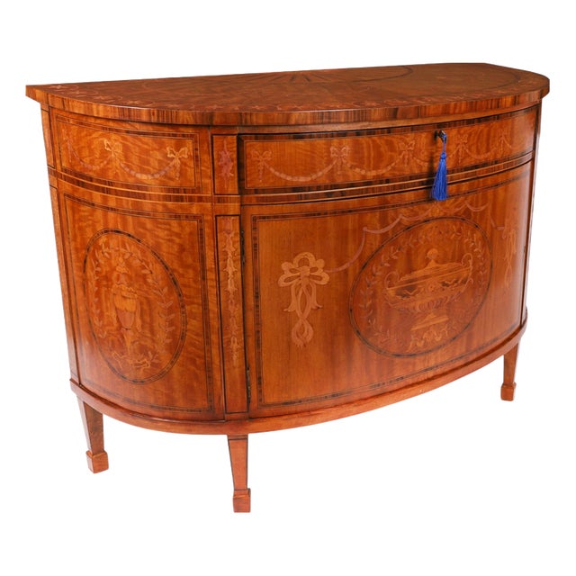 Antique English Sheraton Revival Satinwood and Marquetry Cabinet, 1900 For Sale