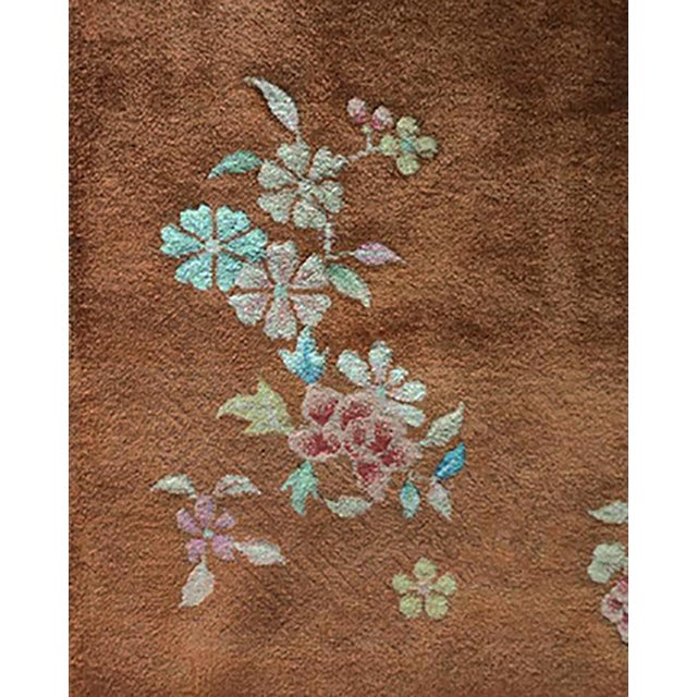 1930s Brown Floral Antique Chinese Art Deco Rug 3' X 4'10" Handknotted Wool Carpet For Sale In New York - Image 6 of 6