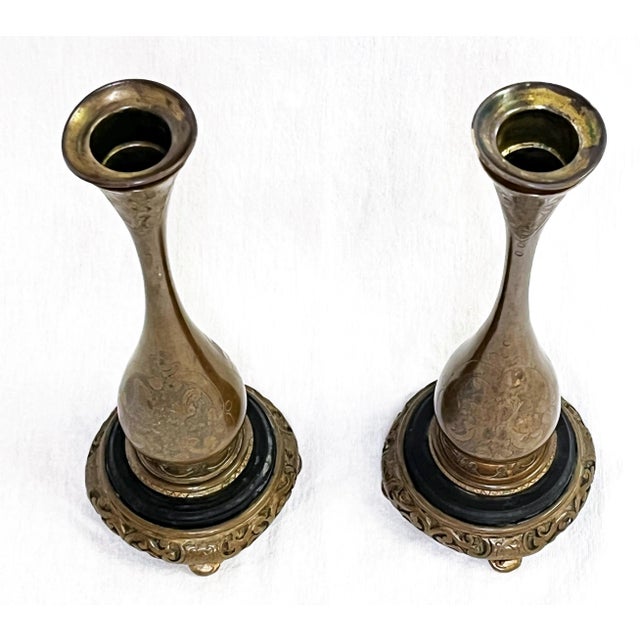 Antique French Embossed Bronze Candle Holders- a Pair For Sale In West Palm - Image 6 of 13
