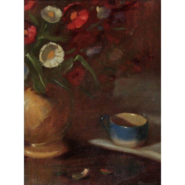 I. Ryazhsky. "Still life with a mug and flowers". Quiet lyrical still life full of melancholic sounds. Signature in the...