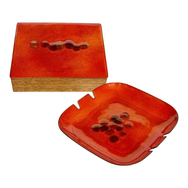 1960s Enameled Metal and Teak Cigarette Box and Ashtray For Sale