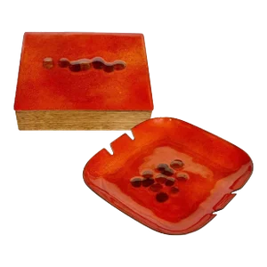 1960s Enameled Metal and Teak Cigarette Box and Ashtray