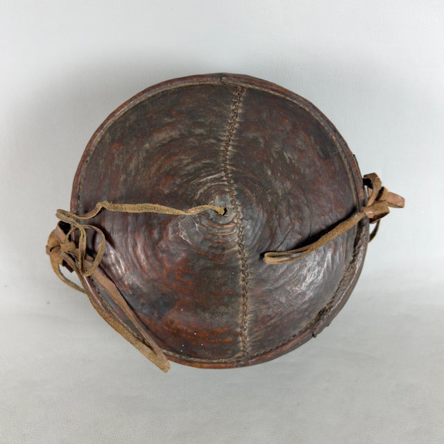 Wood Early 20th Century African Tribal Nomadic Rattan Leather Container Basket with Lid For Sale - Image 7 of 11
