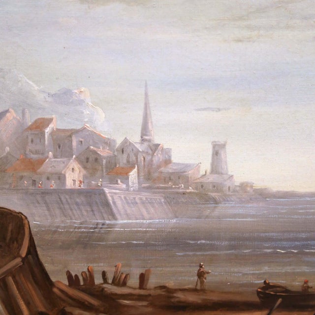 Late 19th Century 19th Century French Coastal Harbor Marine Oil Painting in Giltwood Frame For Sale - Image 5 of 11