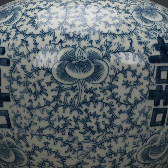 Blue and White Porcelain Double Happiness Lidded Melon Ginger Jar Chinoiserie Decor For Sale In Los Angeles - Image 6 of 8