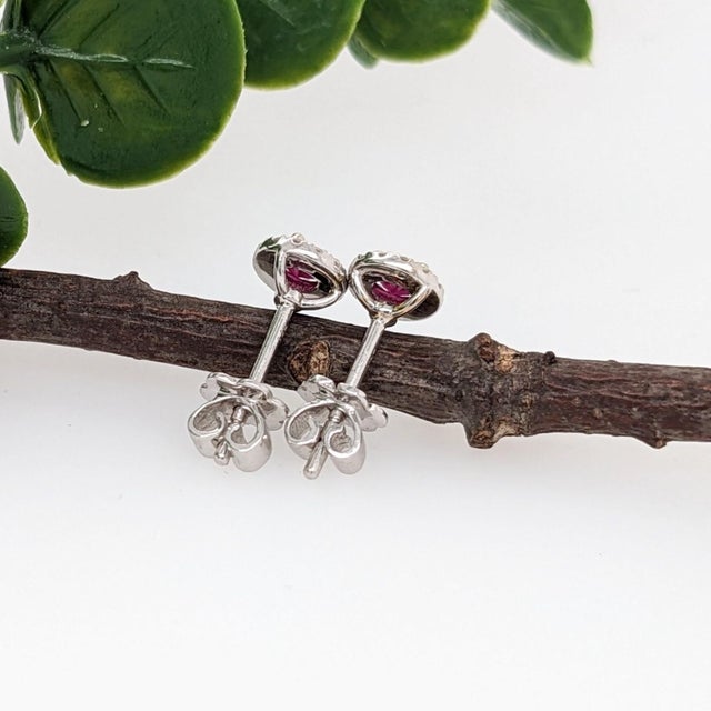 Red Pretty Ruby Studs With Natural Diamond Halo: Solid 14k Gold, Round 3.3mm, Pair For Sale - Image 8 of 8