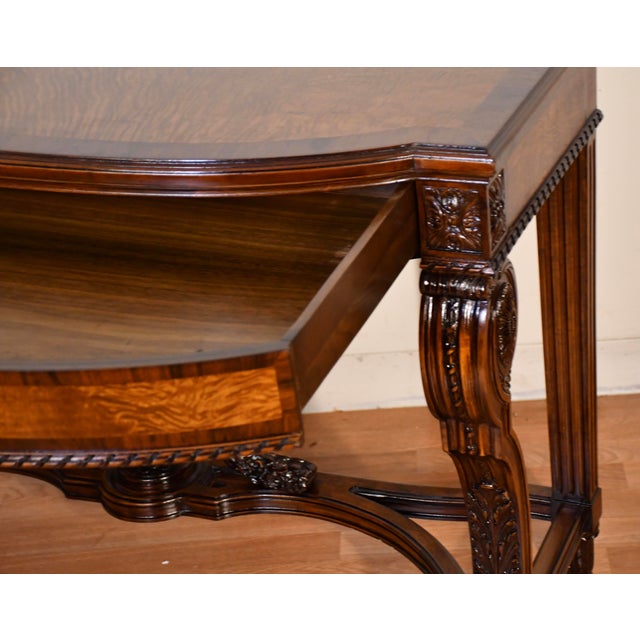 1900s Antique French Louis XVI Walnut & Satinwood Inlay Console Table For Sale - Image 16 of 18
