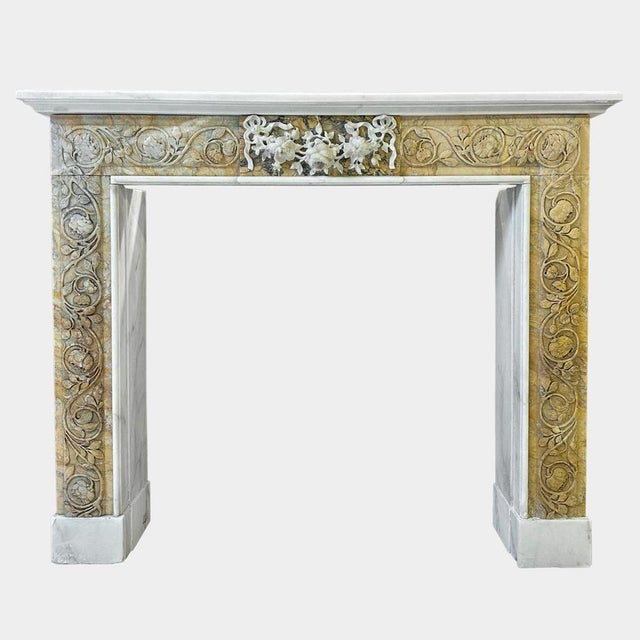 Antique Italian Carved Siena and White Marble Fireplace Mantel, 1850 For Sale - Image 9 of 10