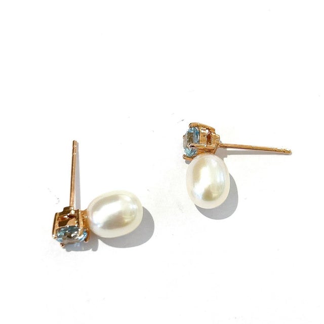 Bochic "Orient" Blue Topaz & South Sea Pear Earrings Set In 18K Gold & Silver Natural Blue Topaz - 4 carat White Pearls...