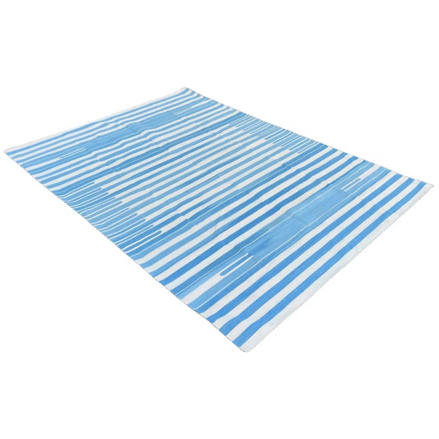 Mid-Century Modern Handmade Cotton Natural Vegetable Dyed Area Rug, Sky Blue and White Striped Dhurrie-5'x7' For Sale - Image 3 of 12
