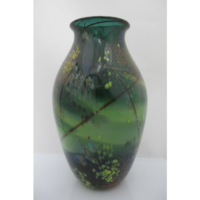Contemporary Suzanne Kindland Handblown Icefire Studio Art Glass Green Blue Mottled Vase For Sale - Image 3 of 12