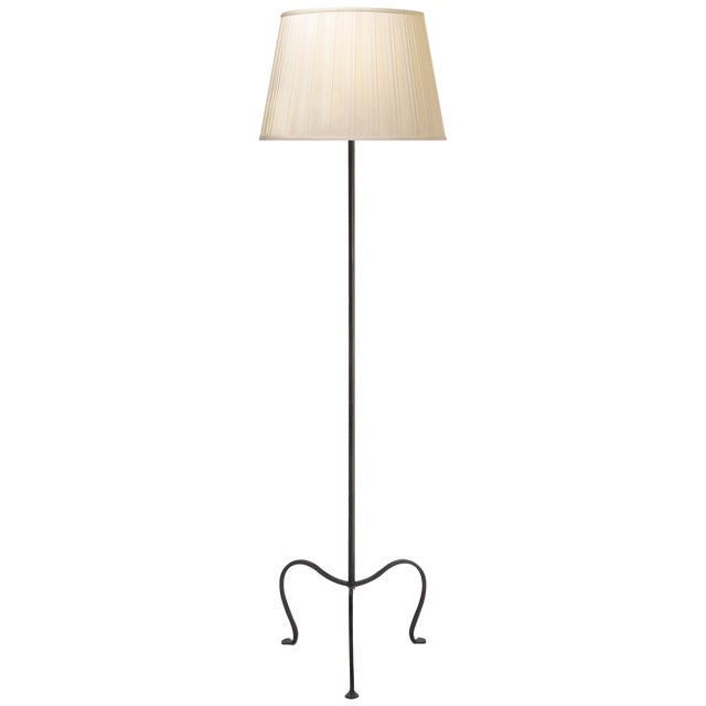 J. Randall Powers by Visual Comfort Signature Albert Petite Tri-Leg Floor Lamp in Aged Iron with Silk Box Pleat Shade For Sale