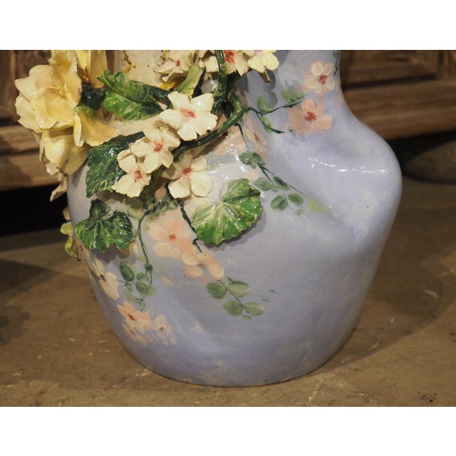 Pair of Circa 1890 Hand Painted French Gros-Relief Blue Ground Barbotine Vases For Sale - Image 17 of 18