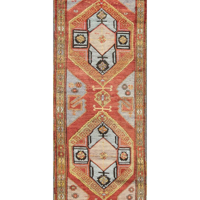 Mid 20th Century Long Vintage Turkish Oushak Gallery Runner With Geometric Medallions 4'2 X 13'3 For Sale - Image 5 of 6
